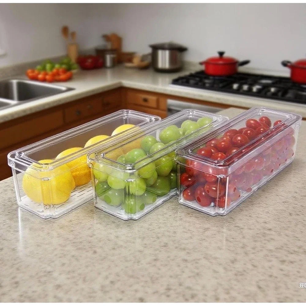 Pure Future 3 Pack Stackable Fridge Organizer Bins with Lids and Removable Drain